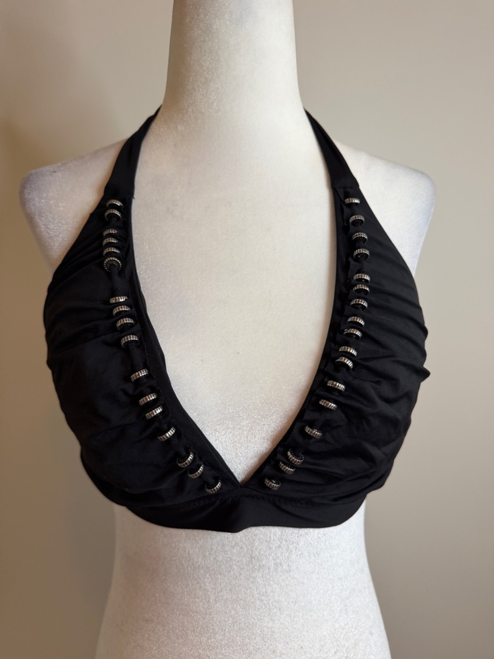 BECCA Black Halter Bikini Top with Metal Bead Accents size D